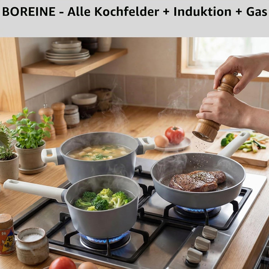 BOREINE Topfset Pfannenset 5-teilig, Bratpfanne 24cm Kochtöpfe 24cm Topf 18cm mit Deckel 18/24cm, An