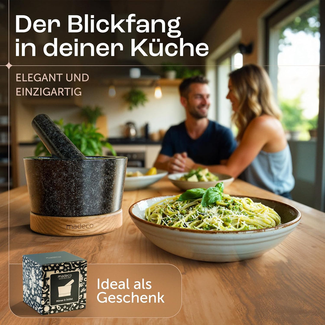 madeco Mörser mit Stössel Granit auf Holzsockel Eiche Ø 14,5 cm - Perfekt geeignet für Gewürze, Kräu
