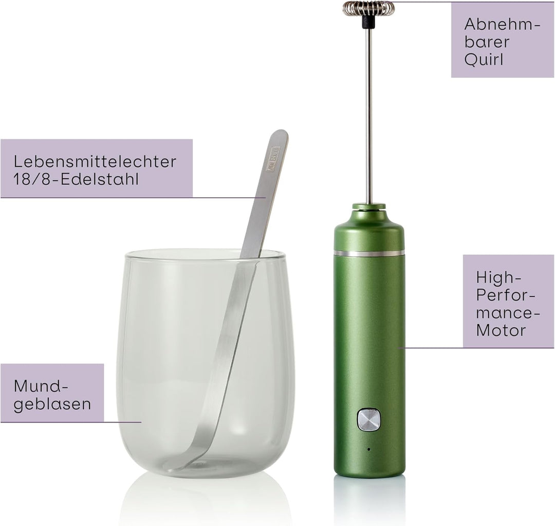 AdHoc Chado Set 3-tlg. – Matcha-Geniesser-Set mit elektrischem Milchaufschäumer, mundgeblasenem Glas