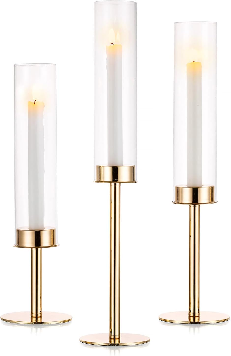 Nuptio Glaszylinder für Kerzen Kerzenhalter Gold: Klarglas Metall Kerzenständer Stabkerzen Stabkerze