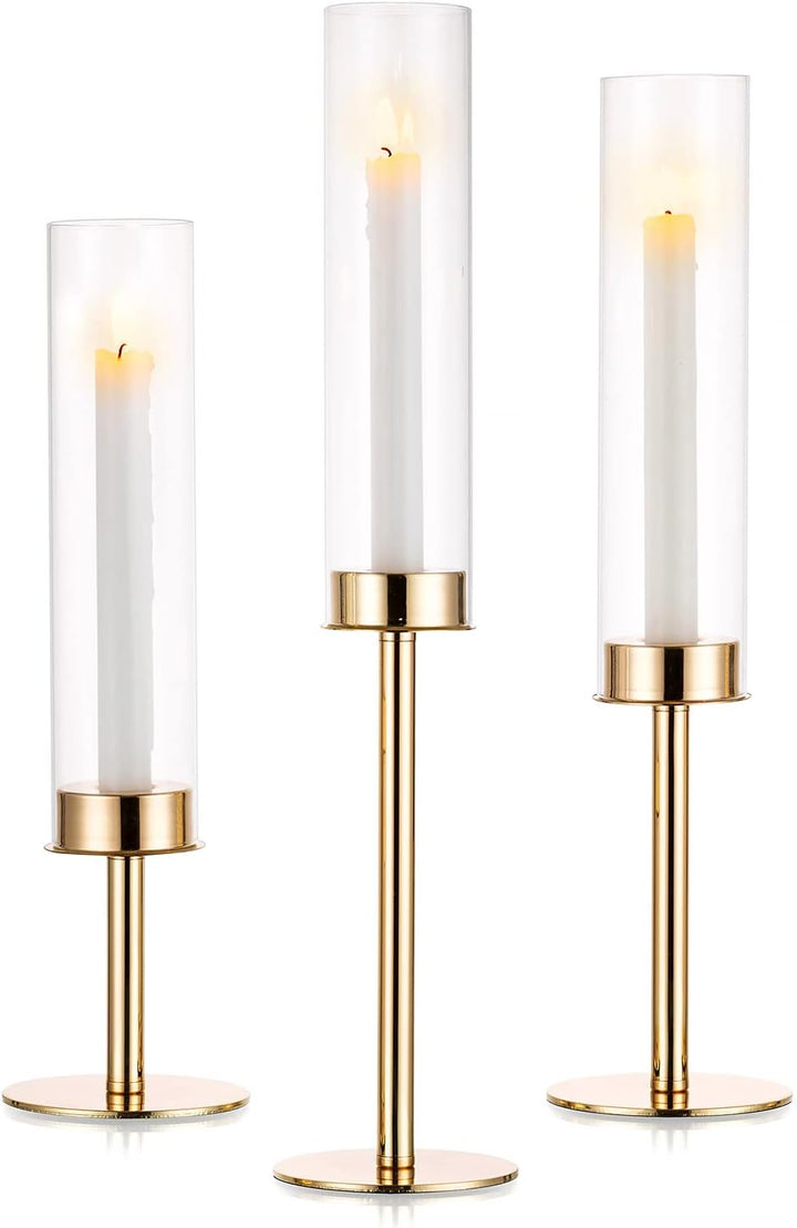 Nuptio Glaszylinder für Kerzen Kerzenhalter Gold: Klarglas Metall Kerzenständer Stabkerzen Stabkerze