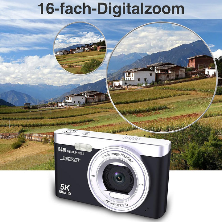 Somikon Digitalkamera: Digitale Kompaktkamera mit 64 MP, 5K, Autofokus, 16-facher Digitalzoom (Fotok