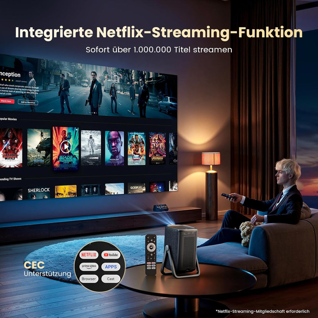 4K Smart Beamer | KOGATA Kurzdistanz 1.1:1, tragbar | Kompatibel mit Netflix-App | Dolby Audio & DTS