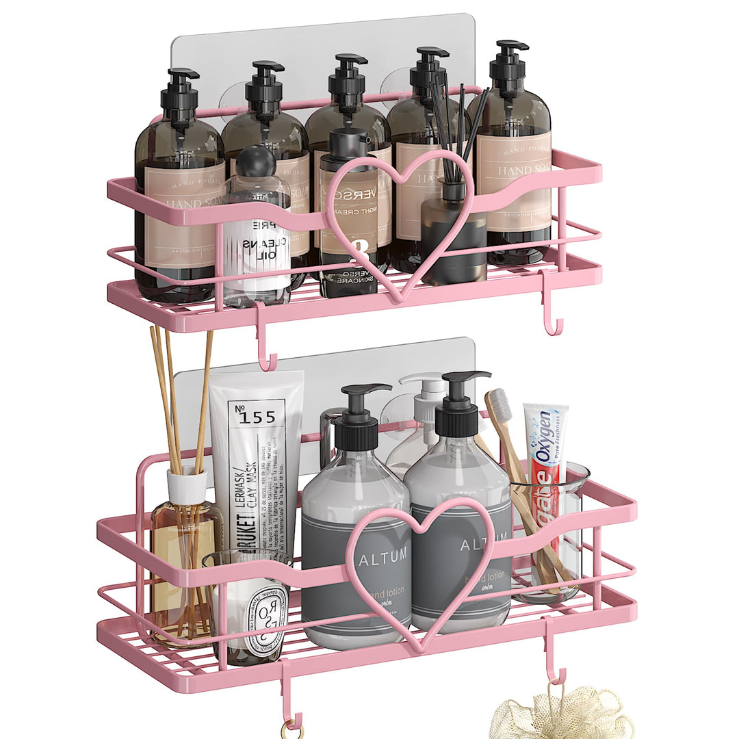 2 Stück Duschablage Ohne Bohren, Rosa Duschregal mit 4 Haken, Dusche Halterung Duschkorb zum kleben,
