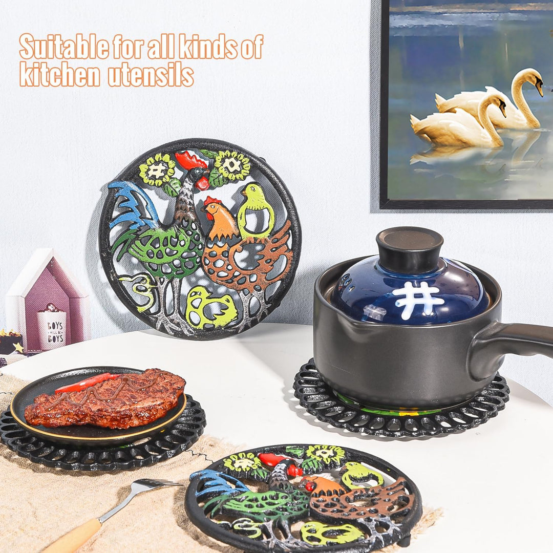 Sungmor Heavy Duty Gusseisen handbemalt Hahn Familie Untersetzer - 21cmD-Retro rustikal Aussehen ros