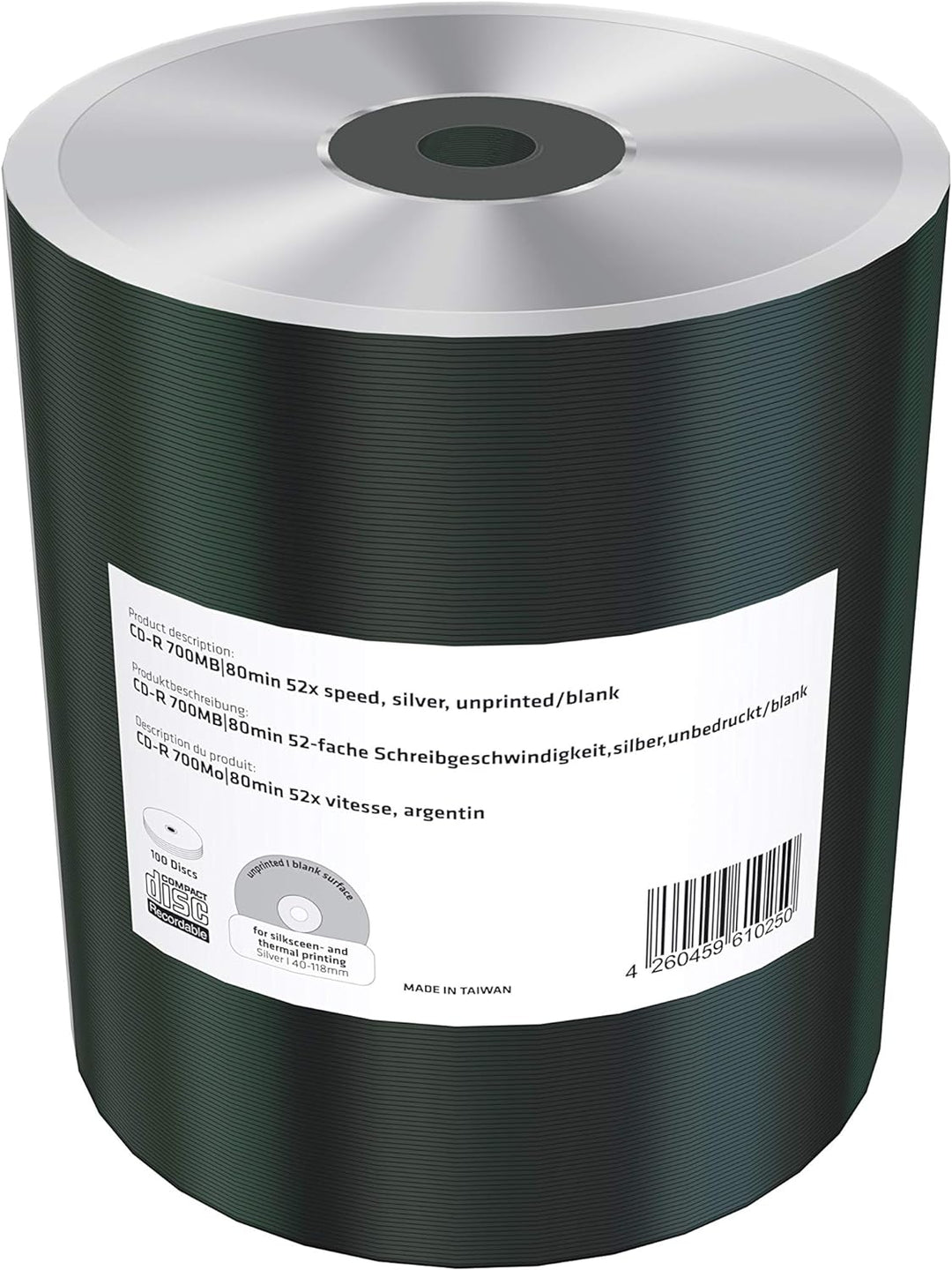 CD-R 700MB|80min 52-fache Schreibgeschwindigkeit, silber, unbedruckt/blank, 100er Pack in Folie (Shr