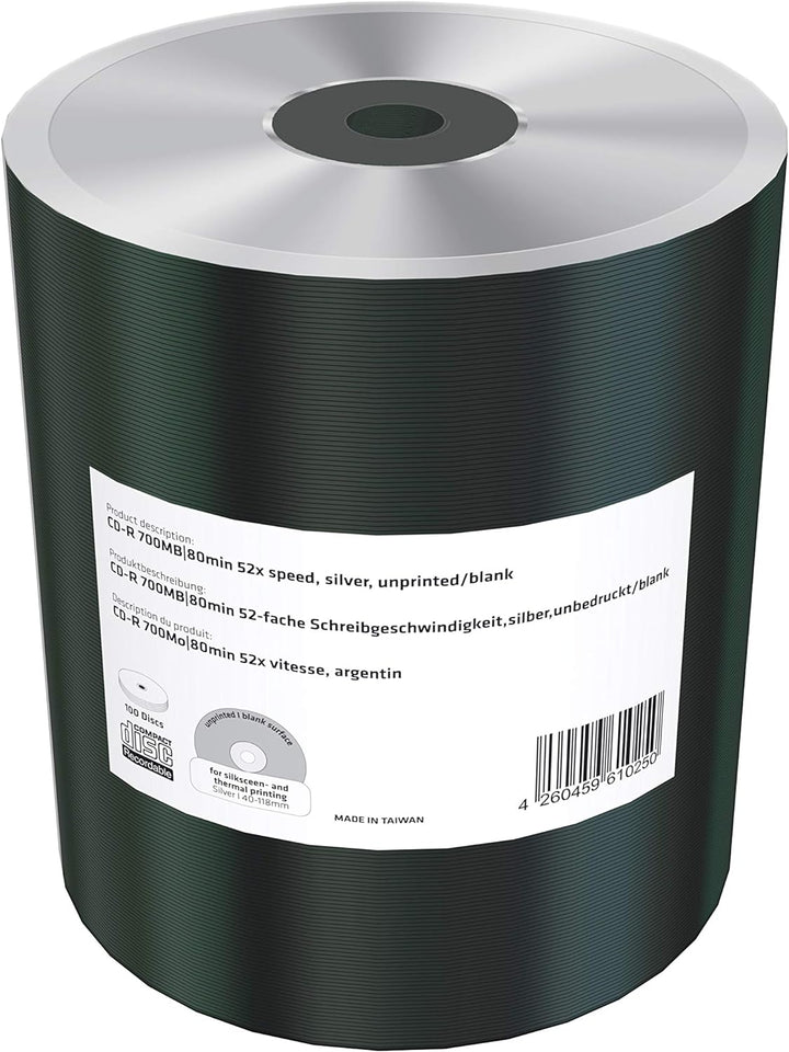 CD-R 700MB|80min 52-fache Schreibgeschwindigkeit, silber, unbedruckt/blank, 100er Pack in Folie (Shr