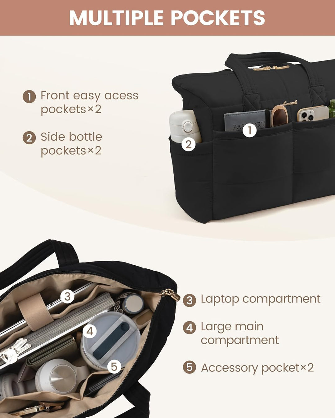 LOVEVOOK Handtasche Shopper Tasche Damen, 15,6 Zoll Puffer Laptoptasche Leicht Laptop Arbeitstasche