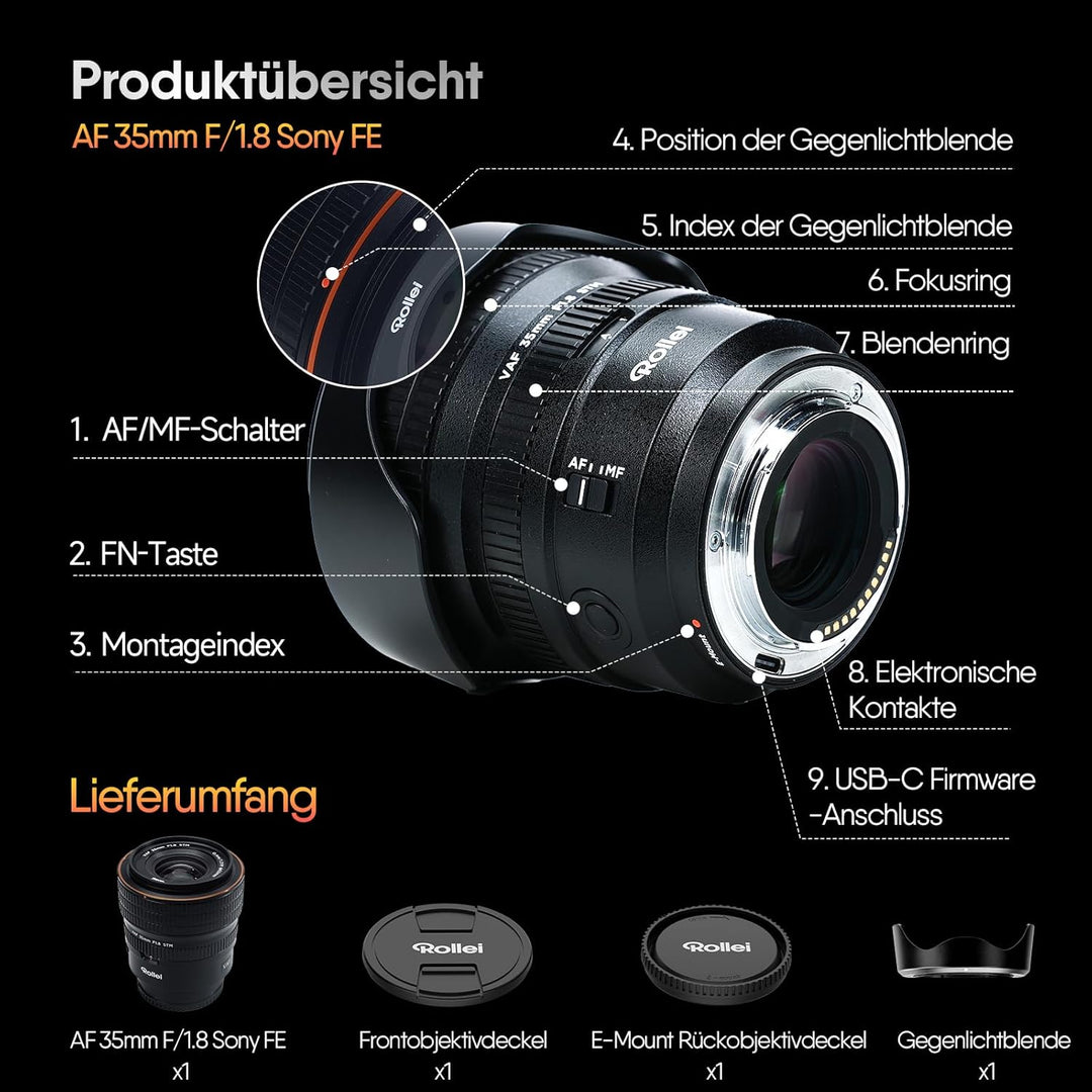 Rollei AF 35 mm F/1.8 FE Vollformat Objektiv für Sony E-Mount mit STM-Autofokus | VAF für Vollformat