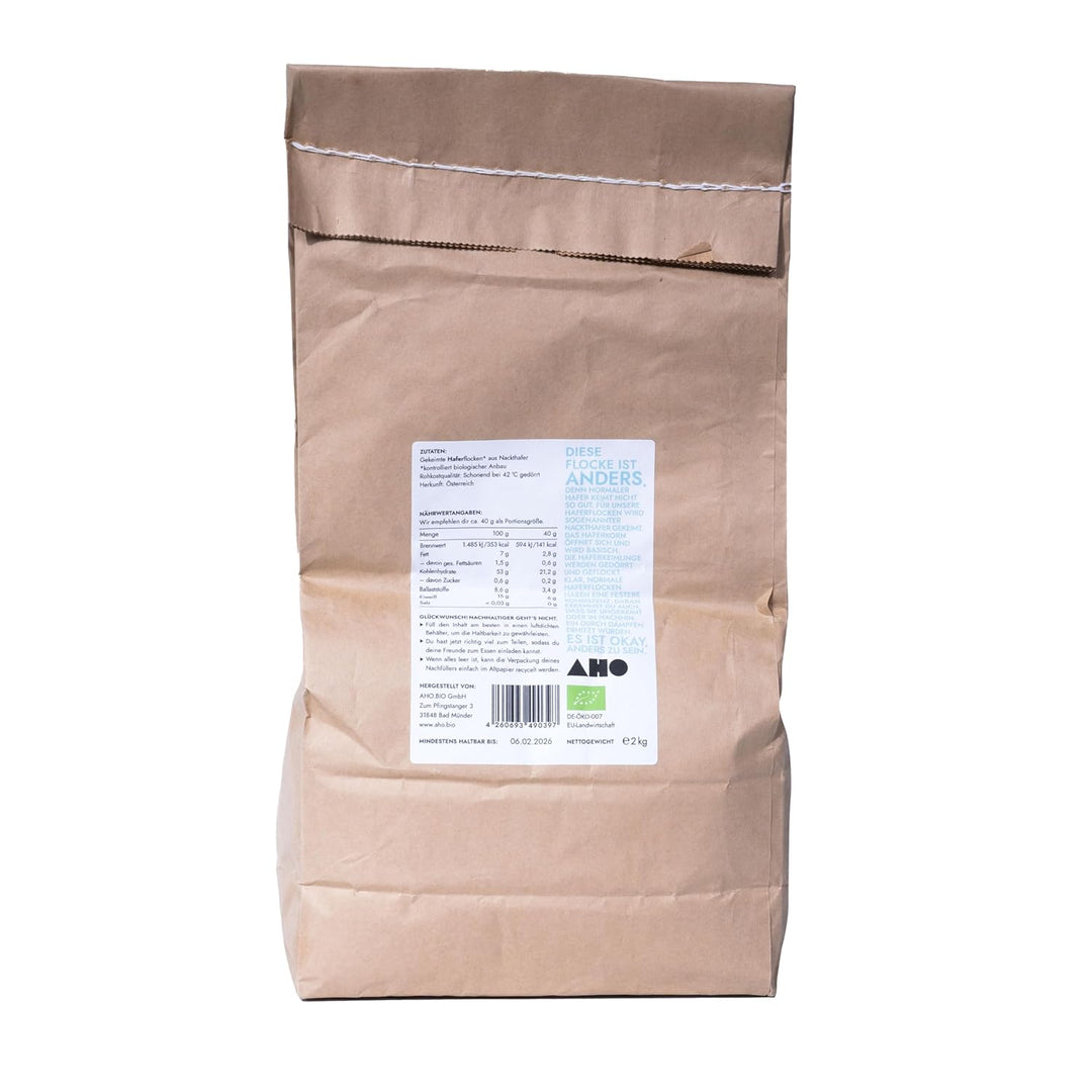 AHO Gekeimte Haferflocken 2kg Nachfüller, Bio aus Deutschland und Österreich, Plastikfrei verpackt,