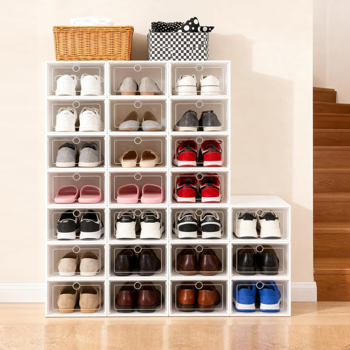 24 Stück Schuhboxen Transparent Weiss Schuhe Box, Plastik Schuhaufbewahrung Box Stapelbar Aufbewahru