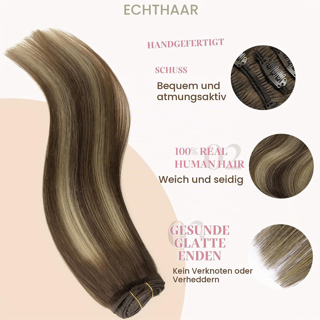 GOO GOO Clip in Extensions Echthaar, Echthaar Extensions Clip, 35cm 120g 7pcs, Extensions Echthaar,