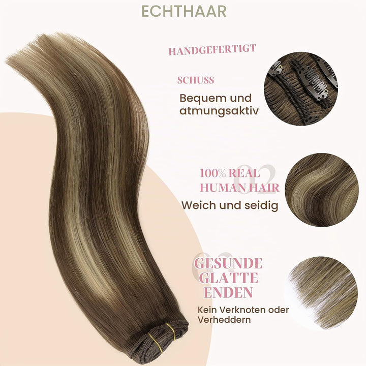 GOO GOO Clip in Extensions Echthaar, Echthaar Extensions Clip, 35cm 120g 7pcs, Extensions Echthaar,
