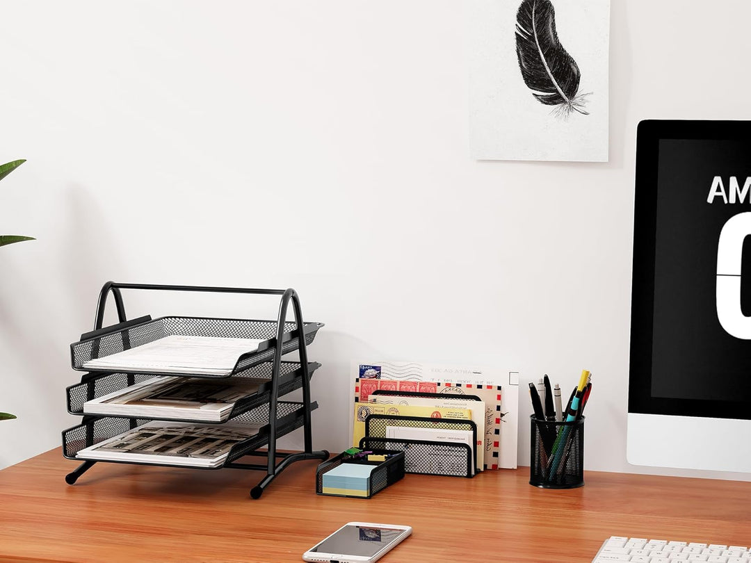 EasyPAG Metall Büro Schreibtisch Organizer 4er-Set, 3 Fächer A4 Dokumentenhalter Aktenablage Zeitsch