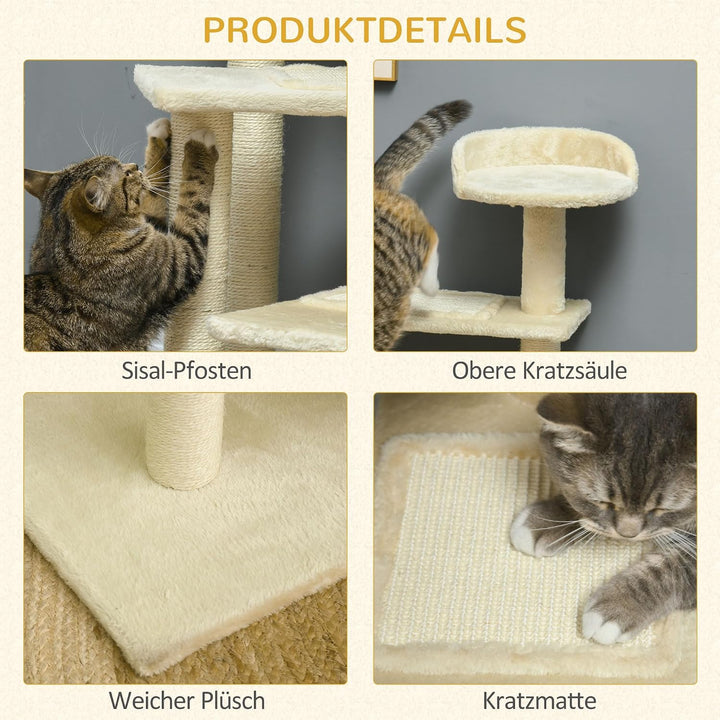 PawHut Kratzbaum 100 cm mit Sisalstämme für mittelgrosse Katzen Beige | Grosse Plattform, Mehrstöcki