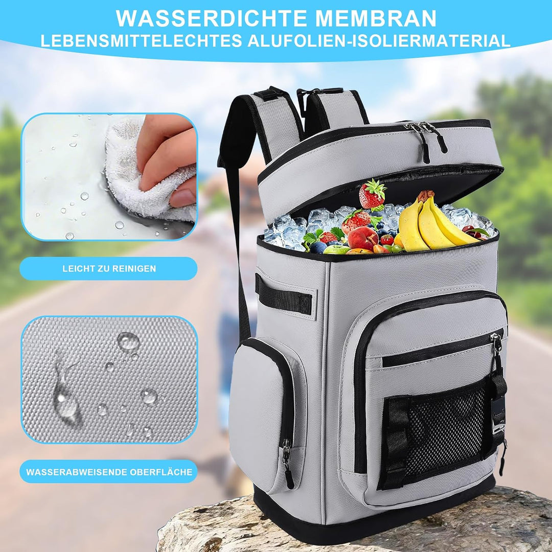 Kühlrucksack 30 Liter Isolierrucksack – Wasserdicht und Auslaufsicher Mit 4 Kühlakkus Flaschenöffner