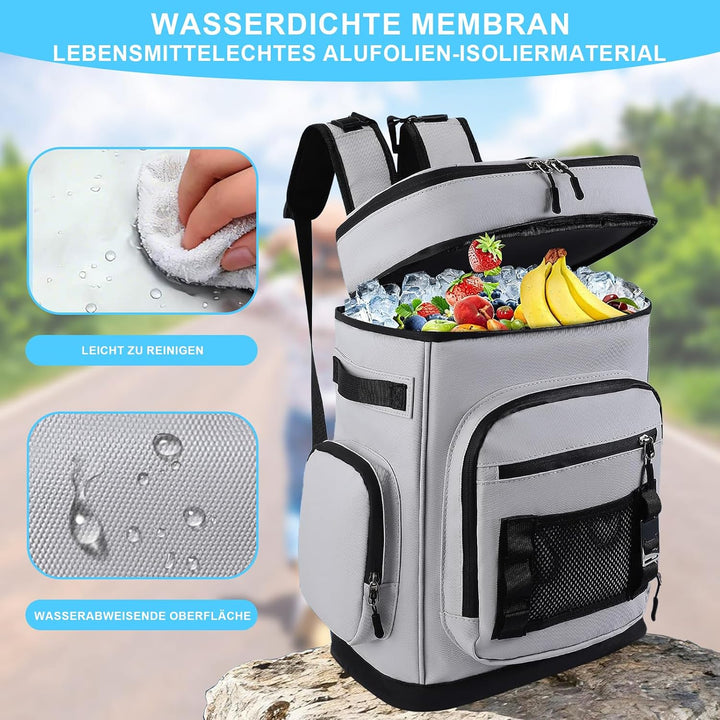 Kühlrucksack 30 Liter Isolierrucksack – Wasserdicht und Auslaufsicher Mit 4 Kühlakkus Flaschenöffner