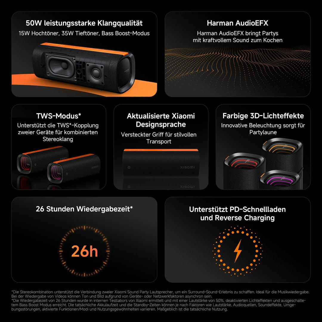 XIAOMI Sound Party - 50W Leistung, Wasser-und Staubresistent nach IP67, Harman AudioEFX, TWS Modus f