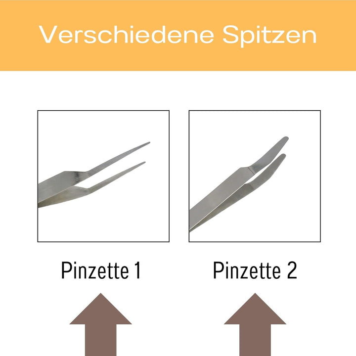 2 Federstahlpinzetten, je 1x spitz und stumpf - Länge 10 cm, Insektenpinzette Laborpinzette