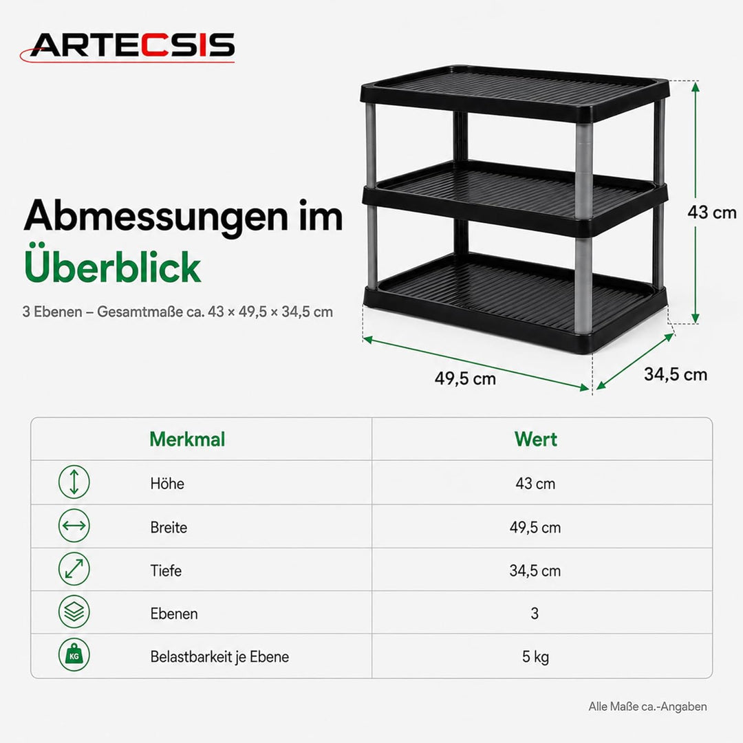 ARTECSIS Schuhregal schmal 3 Ebenen Schwarz I Schuhablage aus Kunststoff 49,5x34,5x43cm, 3 Ebenen