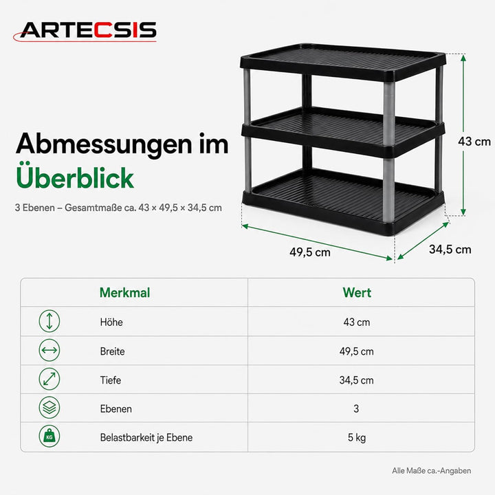 ARTECSIS Schuhregal schmal 3 Ebenen Schwarz I Schuhablage aus Kunststoff 49,5x34,5x43cm, 3 Ebenen