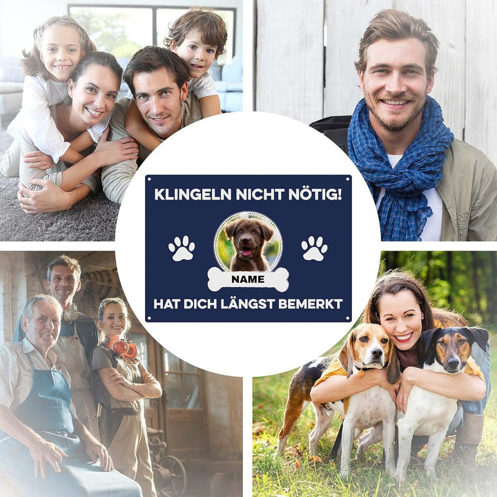 Hunde Schild personalisiert - Klingeln nicht nötig - Metallschild mit Foto und Name für aussen, wett