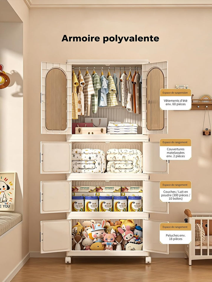 Faltbarer Kleiderschrank mit Rollen, 455L, 4 Ebenen Kunststoffschrank, Transparente Türen, Staubdich