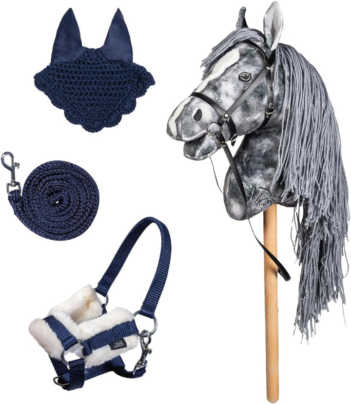 HKM Kids Hobby Horse Clara grau marmoriert + Halfter & Führstrick in Blau – Steckenpferd| Holly & Cl