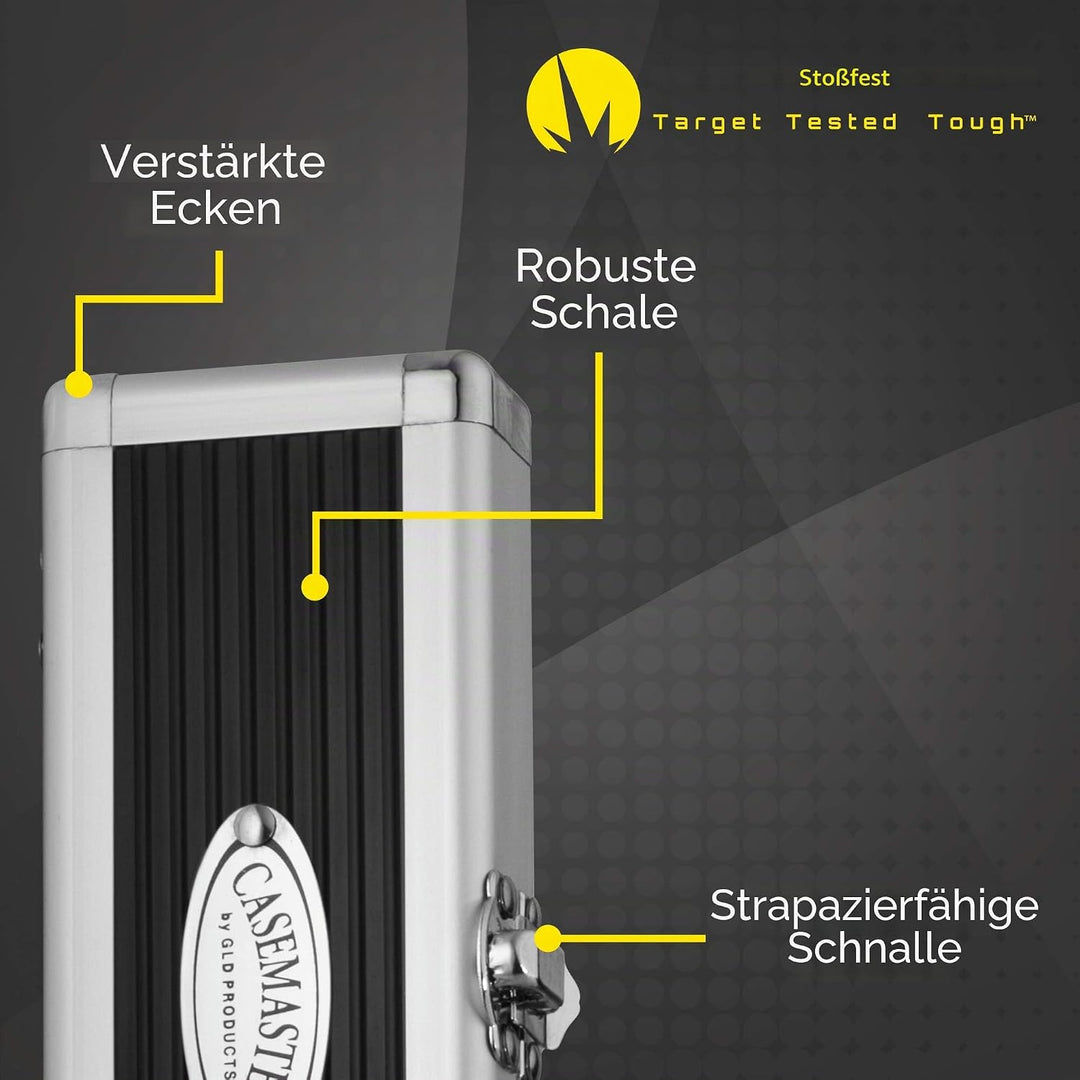 Casemaster Accolade Aluminium-Dartkoffer für 3 Stahlspitzen und weiche Dartpfeile. Schlankes Profil