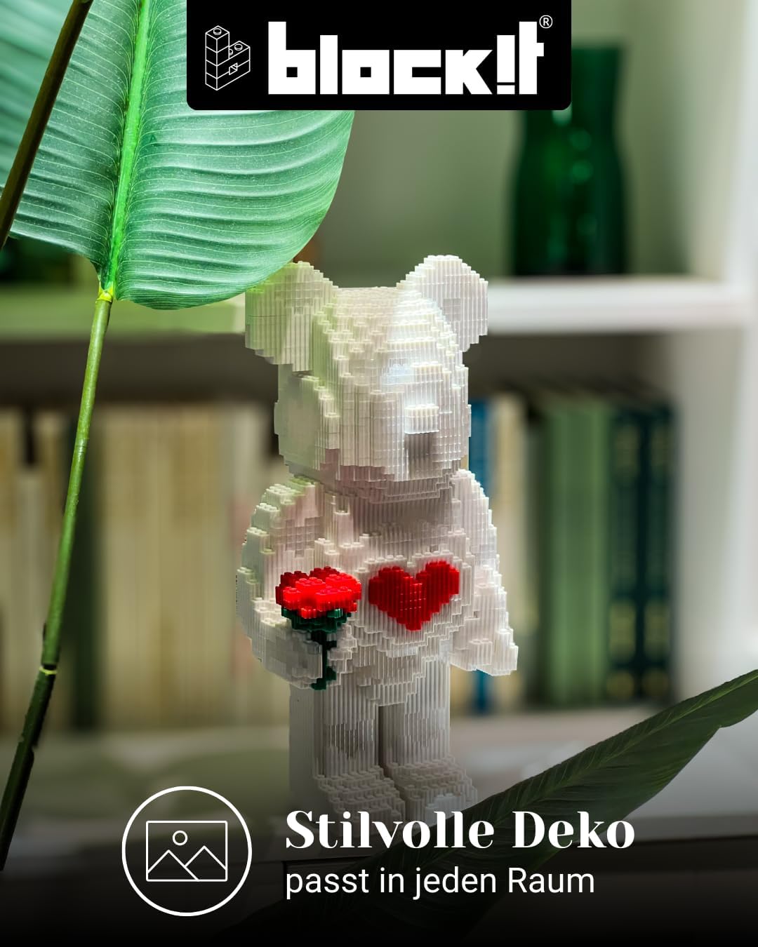 block!t Love Bear Klemmbaustein-Set mit LED – Weisser Baustein-Bär mit Herz & Rose – 5423 Teile Deko