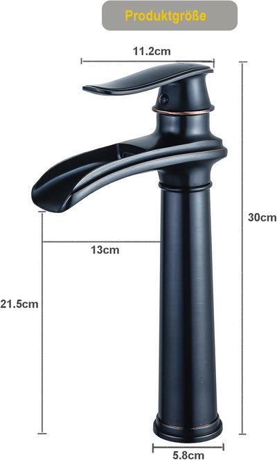YAGJIA Wasserhahn Bad Schwarz Wasserfall, Waschtischarmatur Hoch Retro, Waschbecken Armaturen Messin