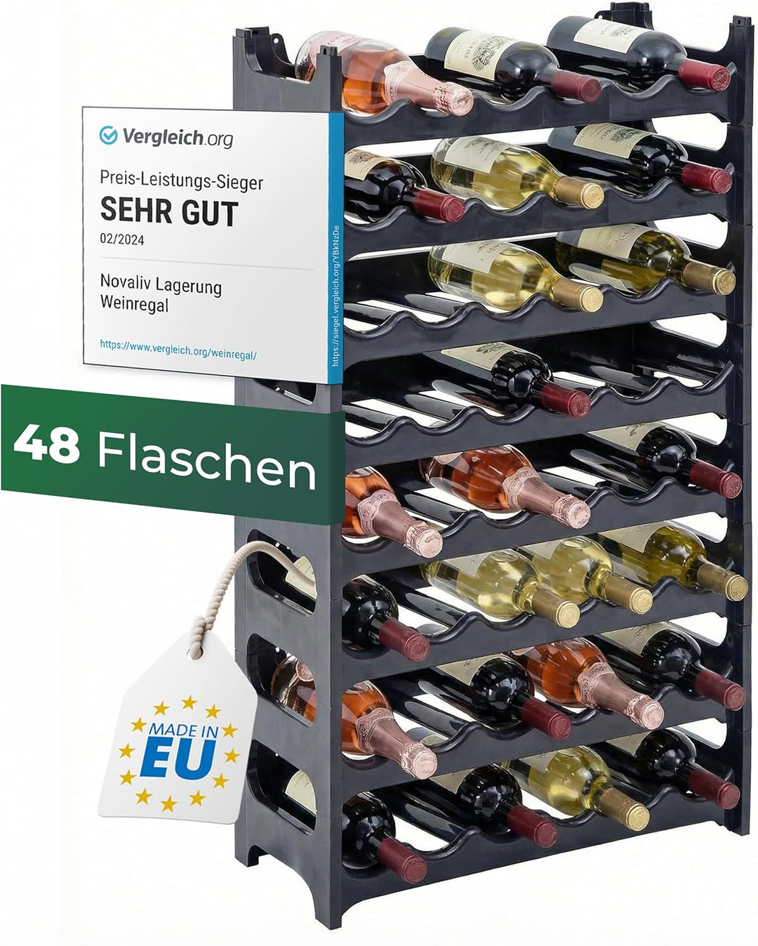 Novaliv Flaschenregal für 48 Flaschen | Weinregal grau | Regal aus stabilem Kunststoff, stapelbar (A