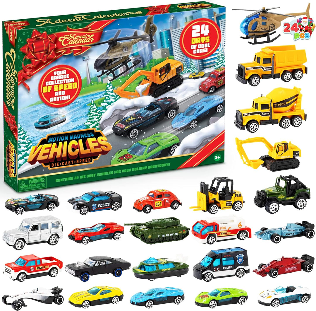 JOYIN Adventskalender 2023 Kinder mit Diecast Autos Fahrzeuge Baustellen Lastwagen Spielzeug aus Leg