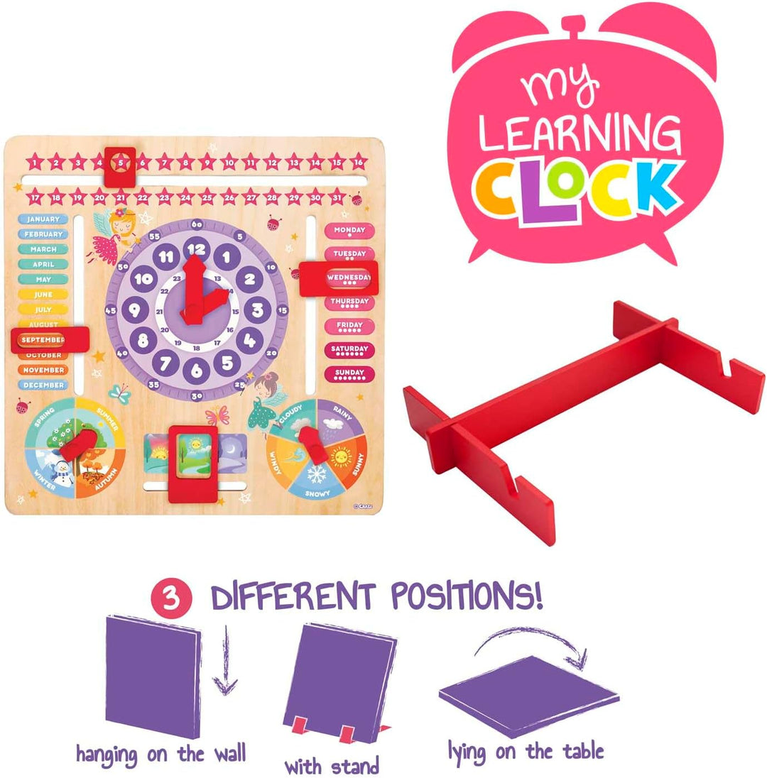 CRAZE My Learning Clock Princess ENGLISCHE SPRACHE - Lernuhr Kinder Holz, Kalenderuhr zum Lernen für