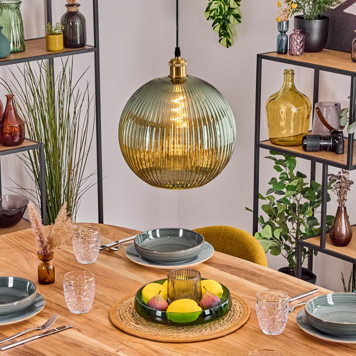 HOFSTEIN Hängeleuchte Koyoto, 1-flammige Hängelampe aus Metall/Riffelglas in Gold/Grün, moderne Pend