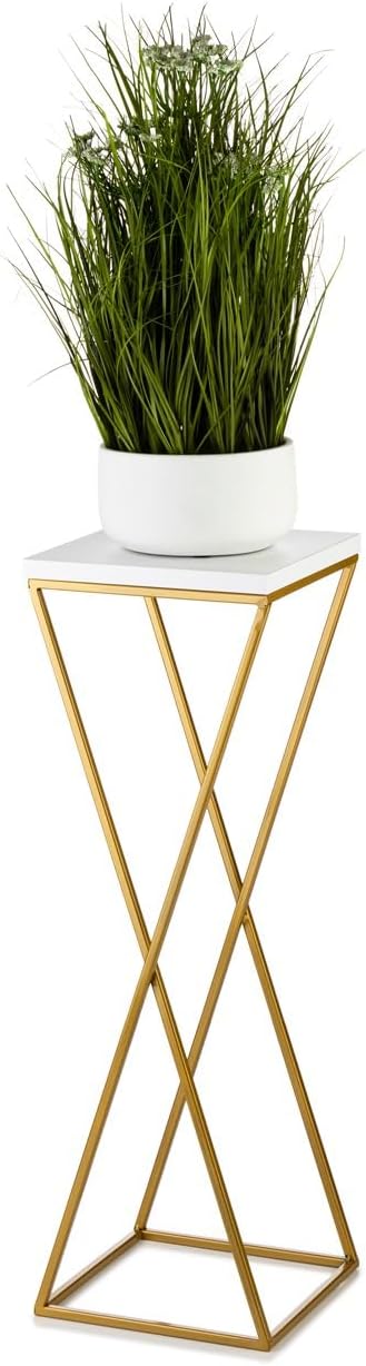 Pflanzenständer Metall 70 cm Hoch - Stabiler und Fester Blumenhocker mit Weiss MDF-Platte auf Gold S