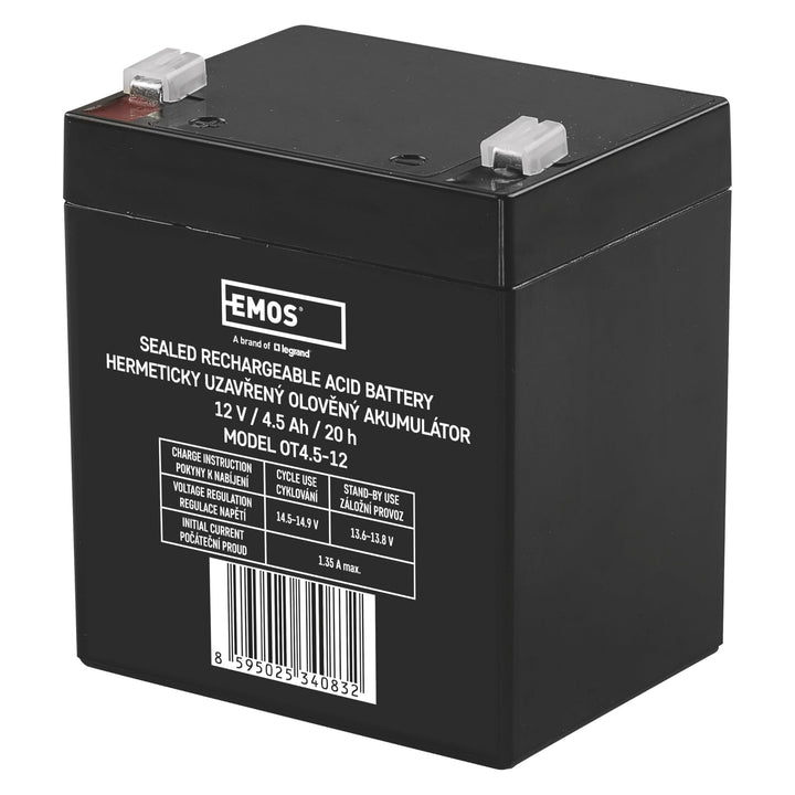 EMOS - Wartungsfreier Bleiakku - 12V 4,5Ah - AGM Batterie - Faston 4,7mm Anschluss - Für Notbeleucht