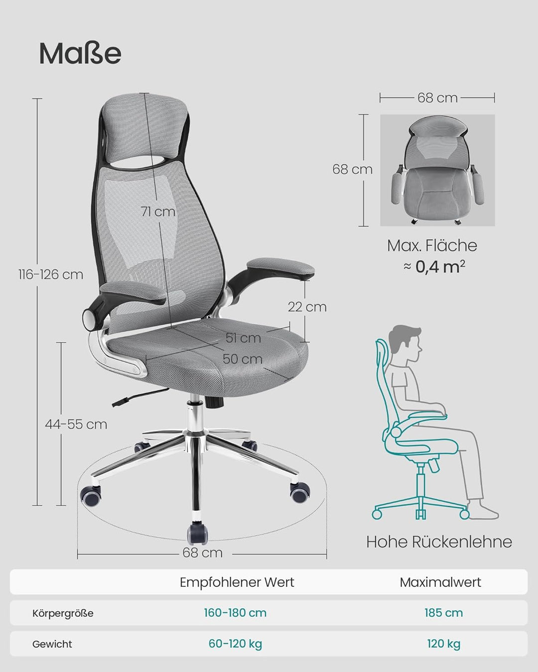 SONGMICS Bürostuhl, Drehstuhl, Chefsessel mit klappbaren Armlehnen, Kopf- und Lendenstütze, neigbar,