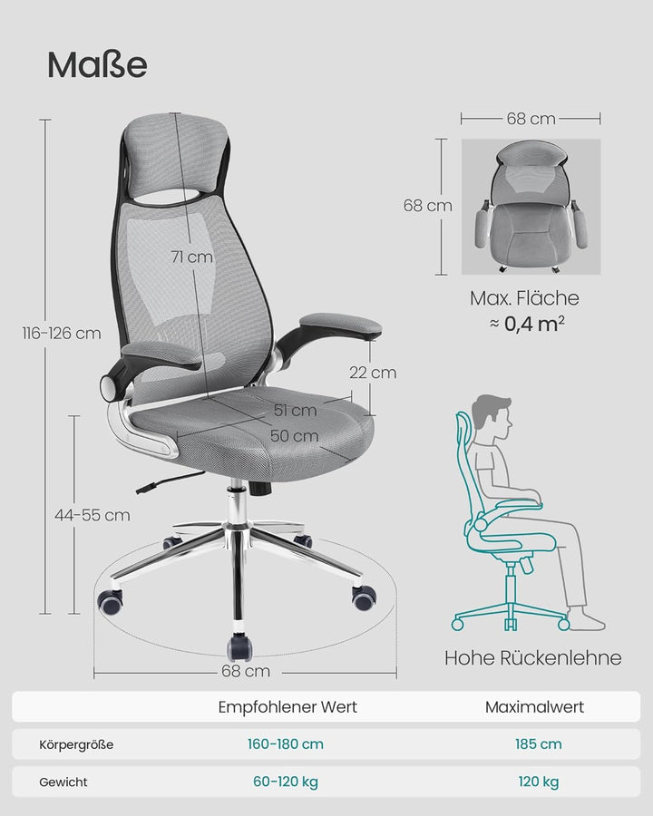 SONGMICS Bürostuhl, Drehstuhl, Chefsessel mit klappbaren Armlehnen, Kopf- und Lendenstütze, neigbar,