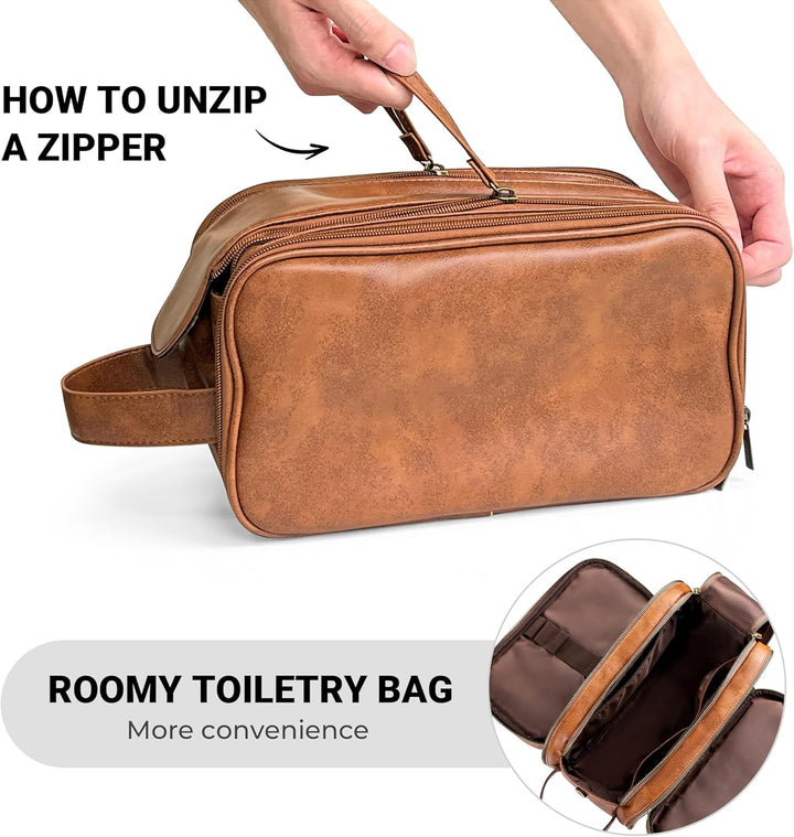 Elviros Kulturbeutel PU-Leder für Reise Herren, grosse wasserdichte Waschtasche Männer, Kulturtasche