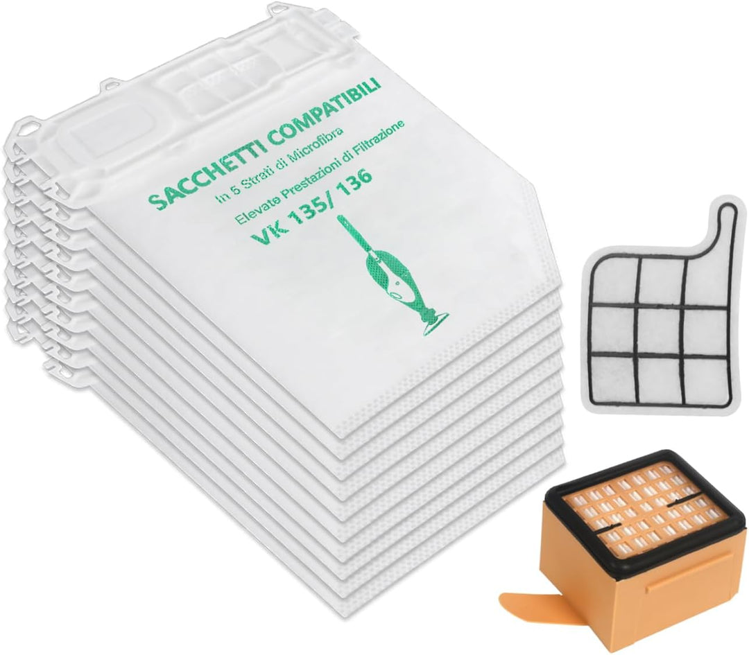10 Staubsaugerbeutel und 1 Motorschutzfilter +1 Hygienefilter für VK 135 VK136