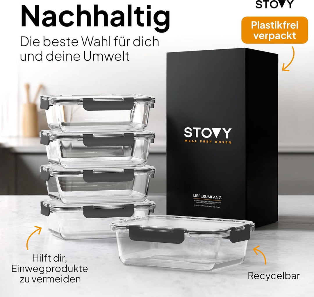 STOVY® Meal Prep Boxen Glas - 5x 1040ml I Glasbehälter mit Deckel - Ideal für komplette Mahlzeiten I