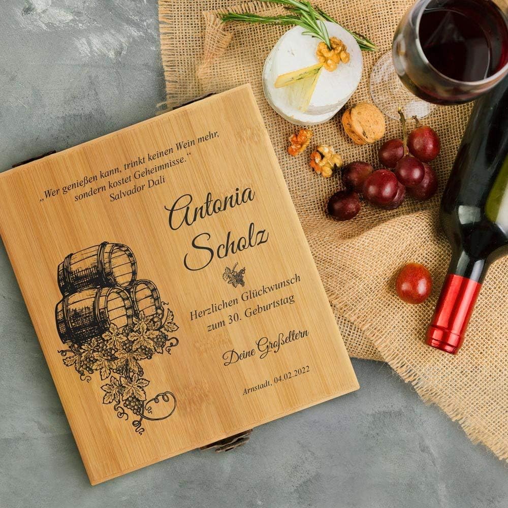 Maverton Weinöffner-Set personalisiert Weinset Sommelier Set - Geschenkbox Holzbox + 4er Weinzubehör