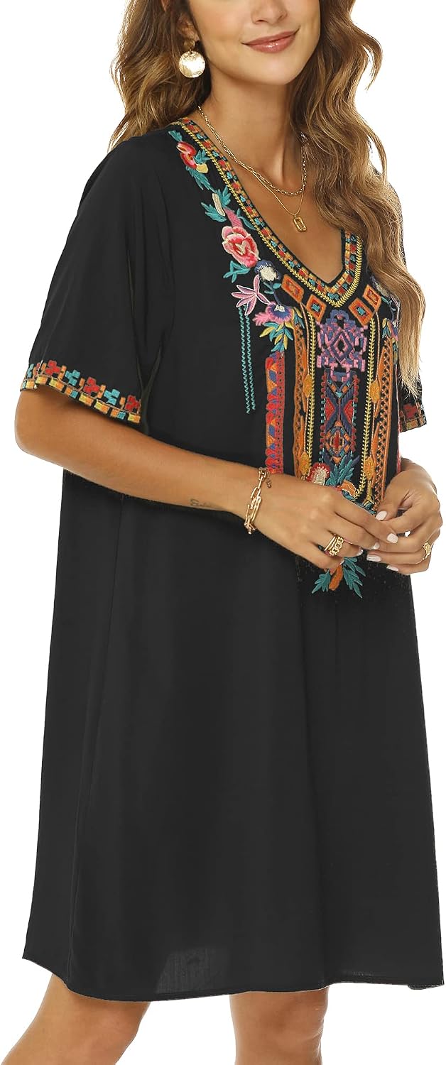 Vakakado Frauen Sommer Boho Mexican Peasant Dress Kurzarm Floral Bestickte Flowy Kleider Lose Hippie