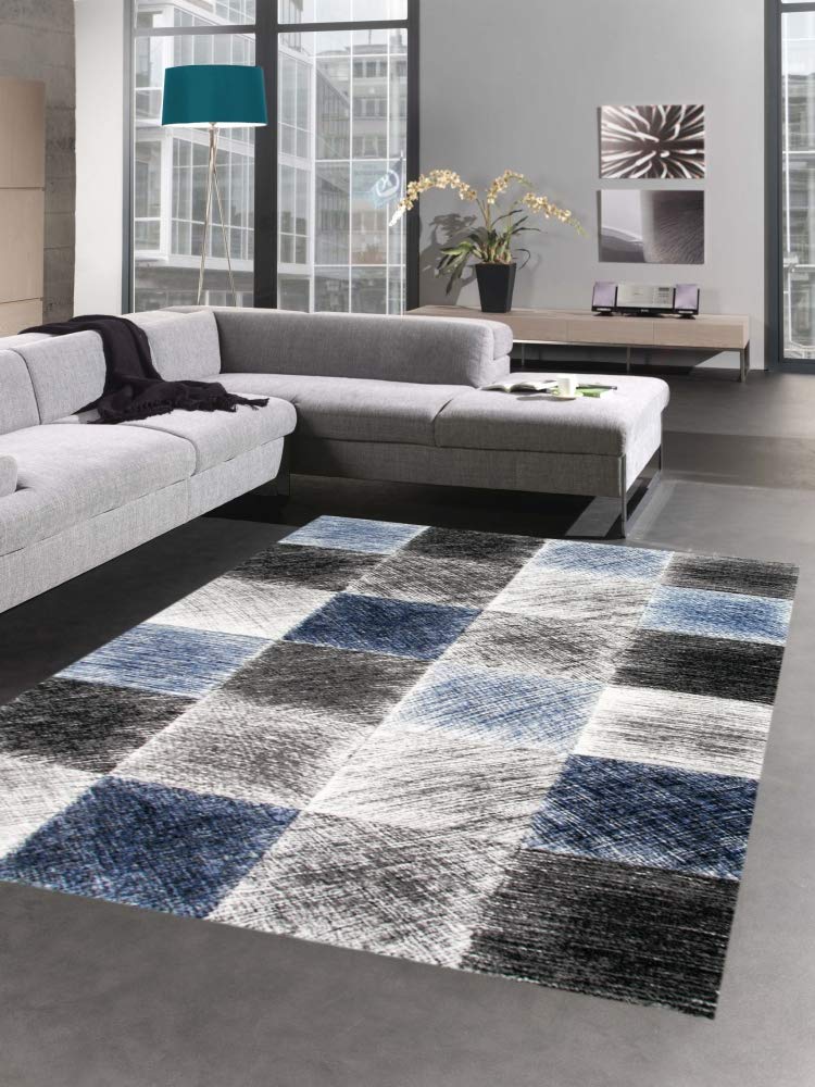 CARPETIA Teppich modern Wohnzimmerteppich karo blau grau schwarz Grösse 80x150 cm 80 x 150 cm, 80 x