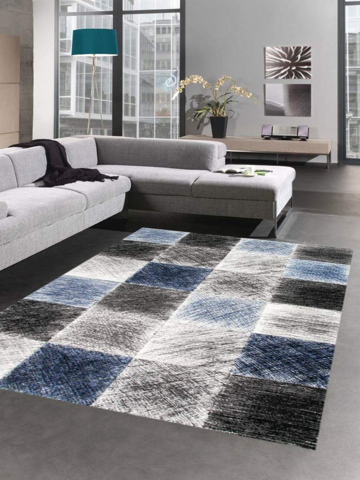 CARPETIA Teppich modern Wohnzimmerteppich karo blau grau schwarz Grösse 80x150 cm 80 x 150 cm, 80 x