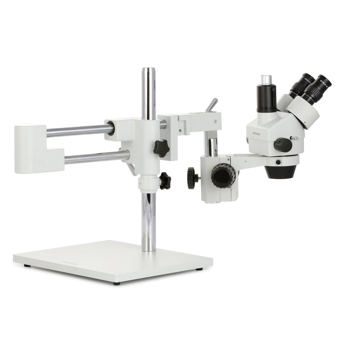 AmScope SM-4T Trinokulares Stereo-Zoom-Mikroskop mit Doppelarm-Ausleger, 7X-45X, Weiss