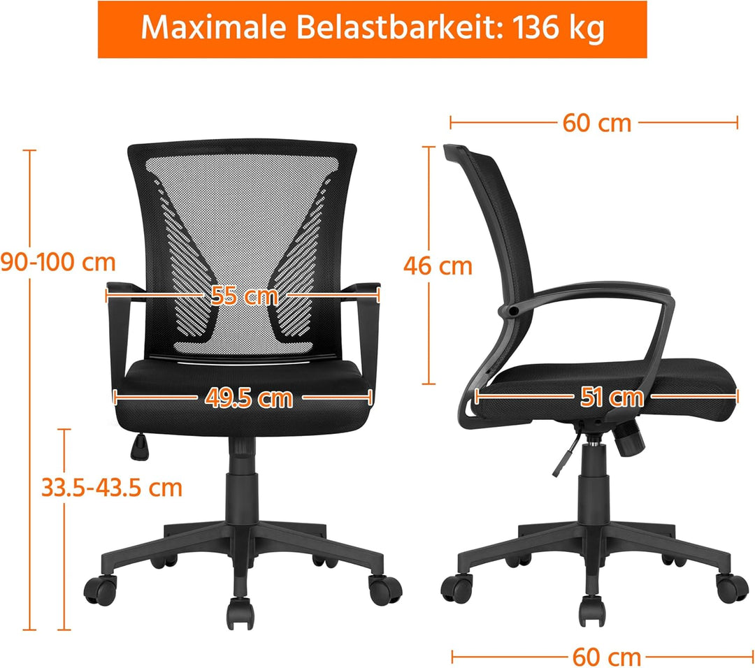 Yaheetech 2 Stück Bürostuhl, Schreibtischstuhl ergonomisch, Drehstuhl mit Netzbespannung, höhenverst