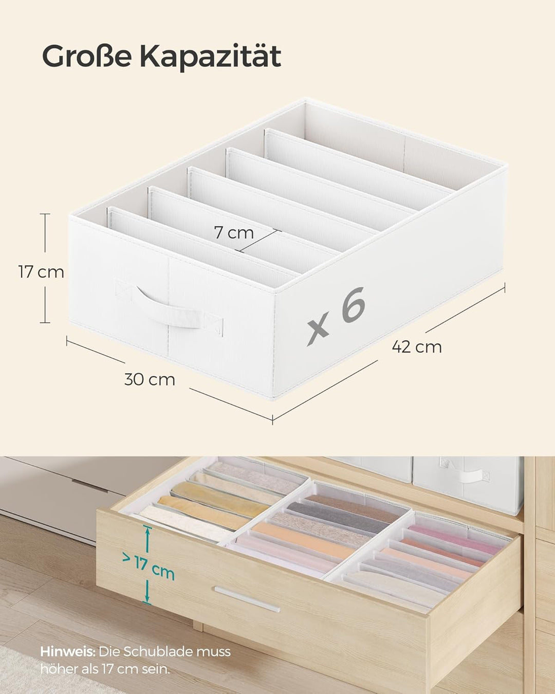 SONGMICS Kleiderschrank-Organizer 6er Set, Aufbewahrungsbox 6 Fächer, Schubladen-Ordnungssystem, Ord
