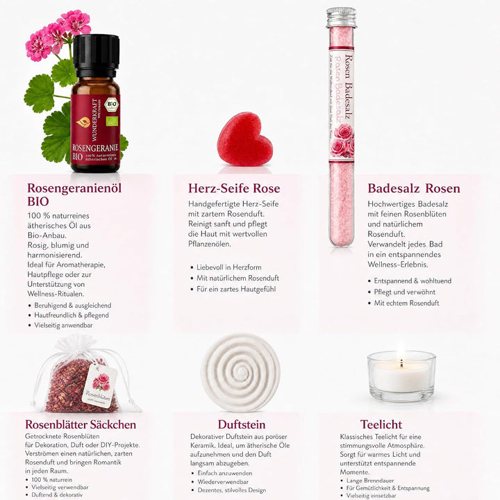 Wellness Geschenkset für Frauen mit Bio Rosengeranienöl, Rosen Badesalz &amp; Duftstein | Wellness Set f